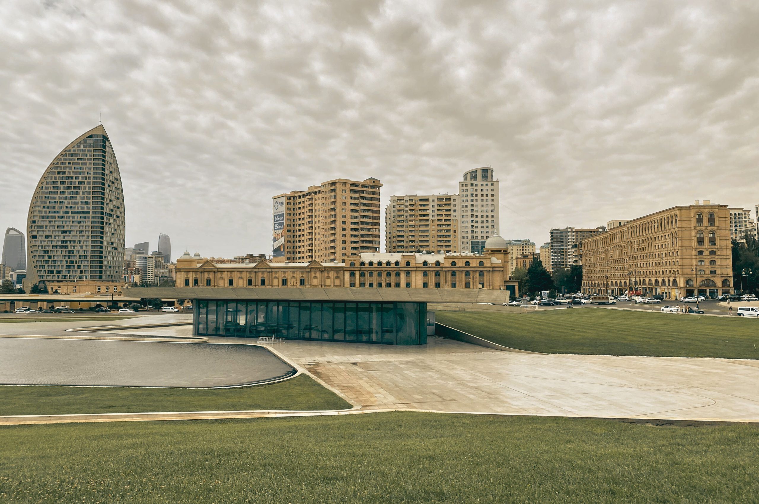 Scenic view of Baku's skyline featuring modern and traditional architecture.